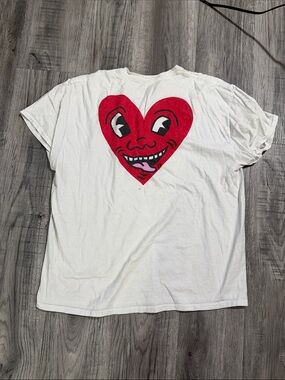 White Short Sleeve Tee with Red Heart Face Graphic